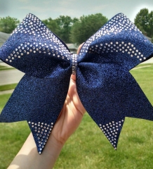 Hotsale cheer bow custom design rhinestones heat transfers iron on blue glitter grosgrain