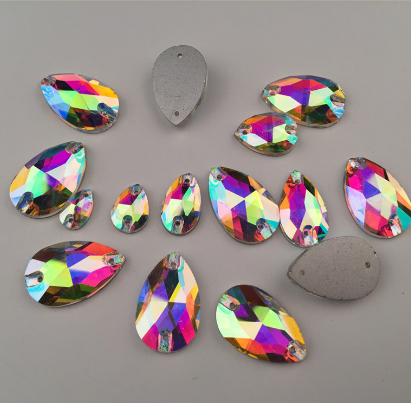 Loose Rainbow Color Drop Shape Flatback Sew On Crystal Rhinestone for Garment