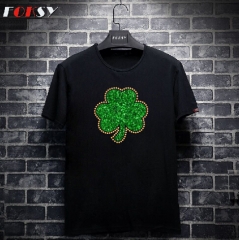 Green Glitter Clover with Rhinestone Surround Hotfix Transfer