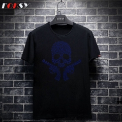 Blue Skull with Guns Rhinestone Heat Press Transfer