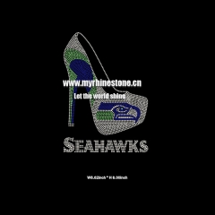 Custom Crystal High Heel Motif with Seahawks Pattern Iron on Rhinestone Heat Transfer