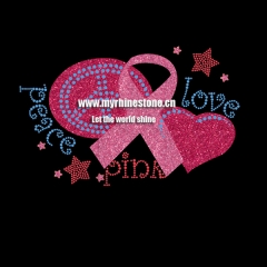 Peace Love Pink Ribbon Iron on Rhinestone Motif