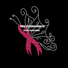 Butterfly Pink Ribbon Rhinestone Heat Transfer Hot Fix Motif Iron On design for T-shirt