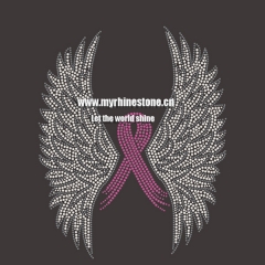 Breast Cancer Pink Ribbon Wings Custom Hot Fix Rhinestone Heat Transfers for T-shirt