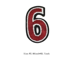 Custom 3D Red Number 6 Embroidery patch with Black Iron on Backing
